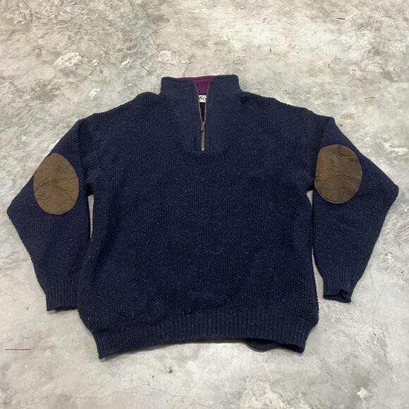 Vintage REI Sweater Mens Large Navy Wool Pullover 1/4 Zip Leather Elbow Patches - Picture 1 of 7